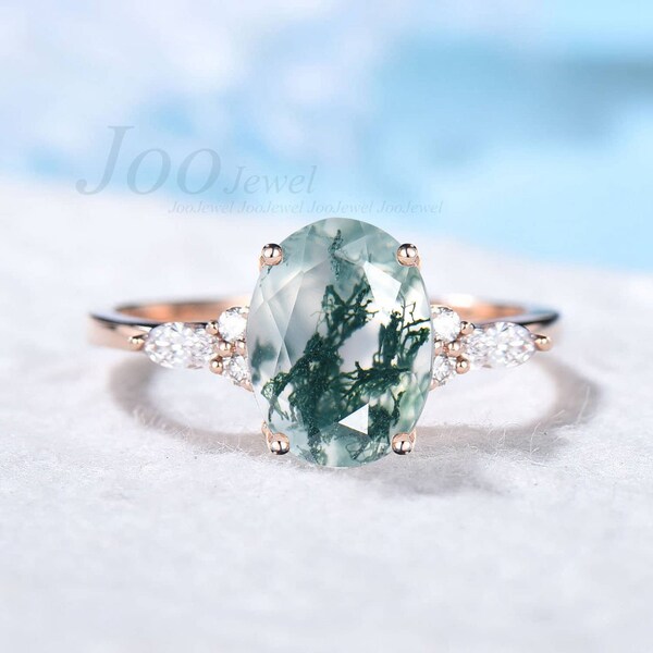 3ct Natural Moss Agate Engagement Ring 14K Rose Gold Cluster Moissanite Ring Oval Green Wedding Ring Unique Anniversary Gifts for Women Wife