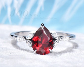 Sterling Silver 1.25ct Pear Shaped Ruby Engagement Ring Vintage Cluster CZ Diamond Ring Anniversary Ring Women July Birthstone Jewelry Gift