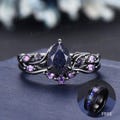 1.25ct Nature Inspired Pear Galaxy Blue Sandstone Amethyst Bridal Set Unique Twig Vine Teardrop Blue Goldstone Black Gold Wedding Ring Set