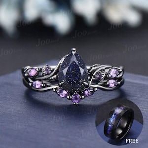 1.25ct Nature Inspired Pear Galaxy Blue Sandstone Amethyst Bridal Set Unique Twig Vine Teardrop Blue Goldstone Black Gold Wedding Ring Set