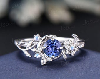 Nature Inspired Round Cut Natural Tanzanite Wedding Ring Unique Moon Leaf Vine Moonstone Tanzanite  Engagement Ring Art Deco Promise Ring