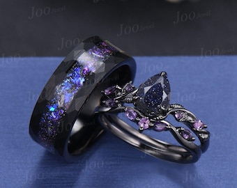 Juego de 2 anillos de pareja de arenisca azul galaxia, inspirados en la naturaleza, estilo gótico, para él y para ella, de tungsteno negro, resistentes a la decoloración.