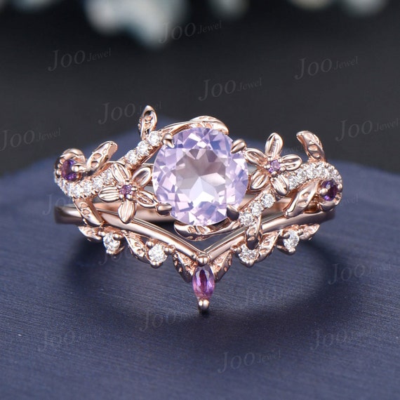 Natural Lavender Amethyst Diamond Ring Set 14K Rose Gold Nature Inspired  Branch Floral Leaf Purple Crystal Amethyst Bridal Wedding Ring Set