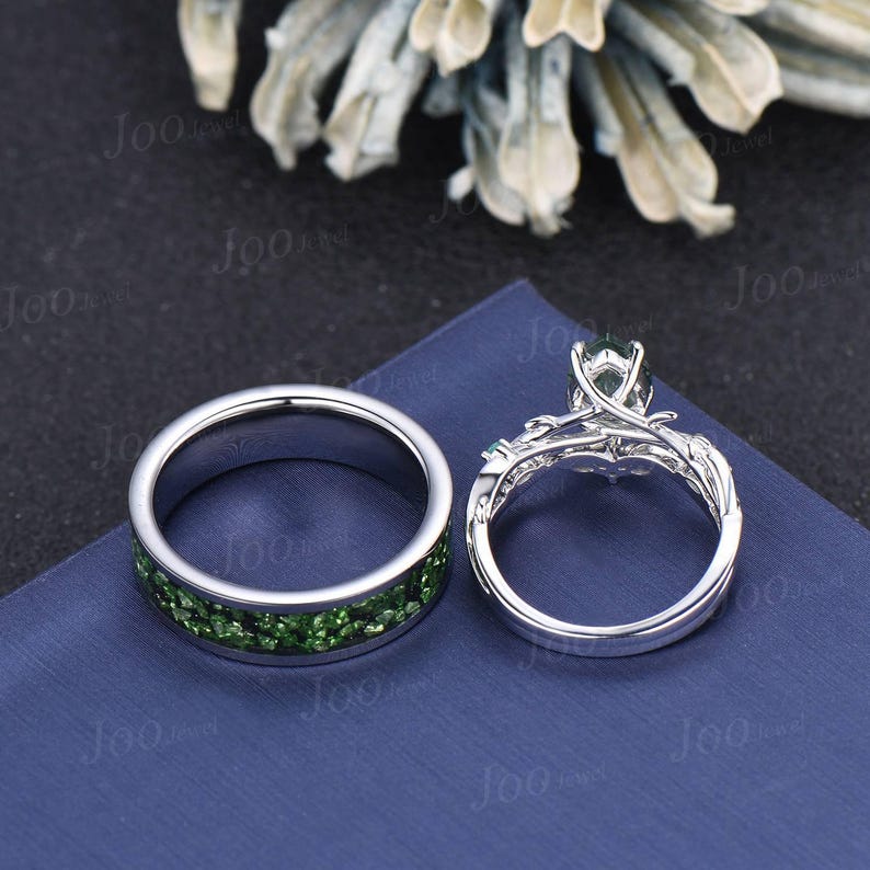 Sterling Silver Natural Pear Cut Moss Agate Twig Vine Couple Ring Set ...