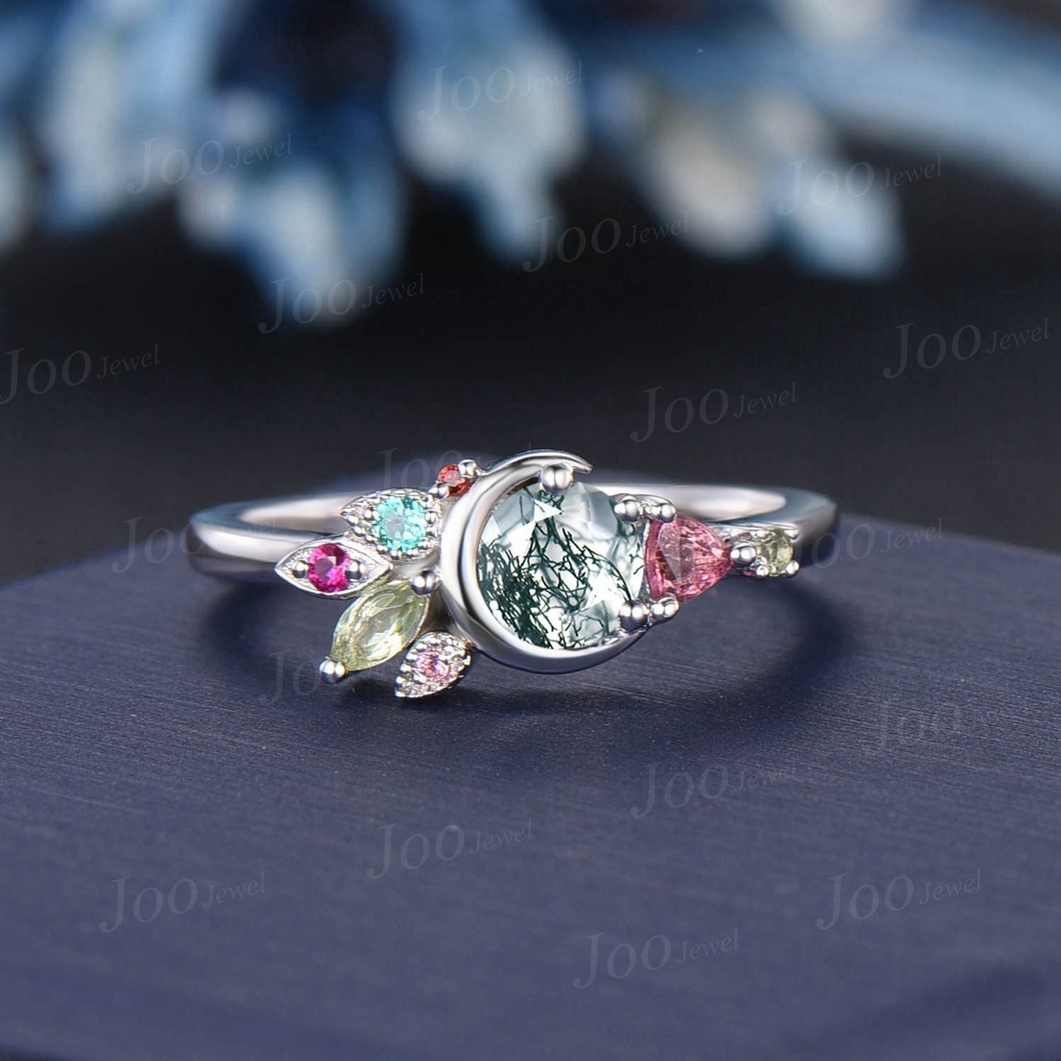 Round Natural Green Moss Agate Wedding Ring Cluster Pink