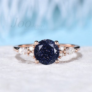 Anillo de piedra arenisca azul galaxia de plata de ley, joyería de piedras preciosas de boda de corte redondo, anillo de compromiso de racimo vintage, regalo de astronomía para sus mujeres