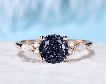 Sterlingzilver Galaxy blauwe zandsteen ring rond geslepen bruiloft edelsteen sieraden vintage cluster verlovingsring astronomie cadeau voor haar vrouwen
