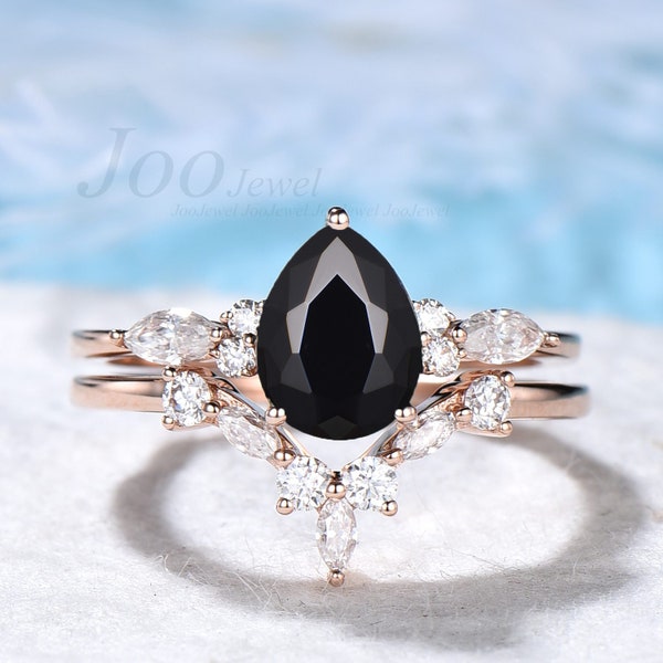 Juego de anillos de pera, anillo de ónix negro natural para mujer, anillo curativo con piedras preciosas negras, juego de anillos de compromiso con piedra negra en plata esterlina, banda de boda curva