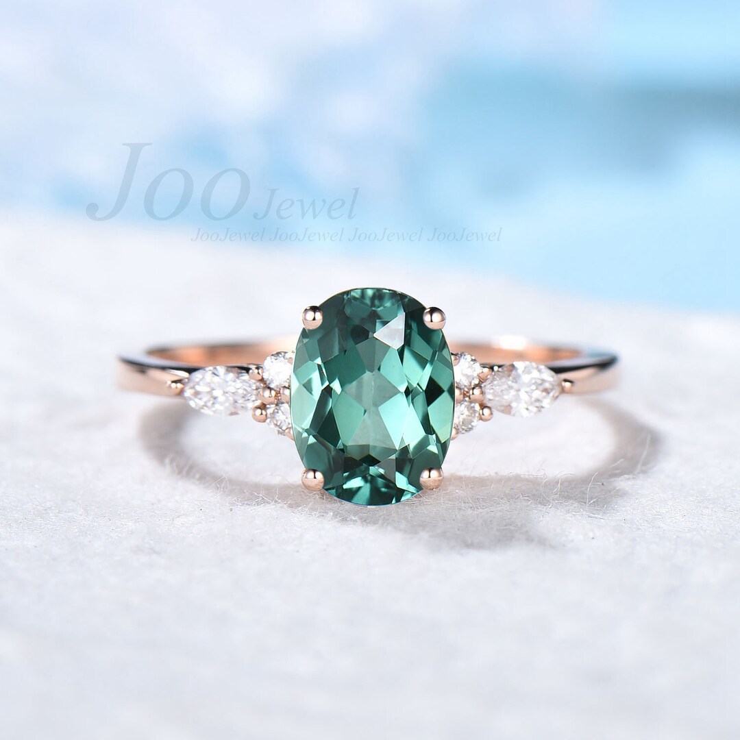 1.5ct Green Sapphire Engagement Ring Vintage Oval Cut Green Sapphire