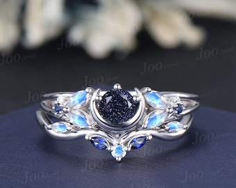 Round Galaxy Blue Sandstone Half Moon Bridal Rings Cluster Moonstone Sapphire Ring Sterling Silver Blue Goldstone Celestial Wedding Rings