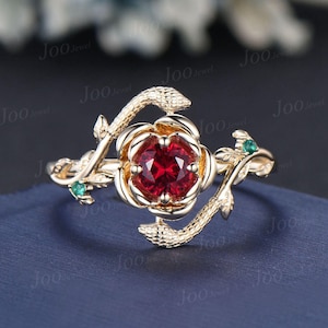 Anello di fidanzamento gotico unico con serpente, vintage, oro giallo 14 carati, gioielli floreali con rubino, anello nuziale con rubino rosso ispirato alla natura, anello bypass con pietra preziosa