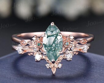 1CT Marquise Cut Natural Green Moss Agate Emerald Engagement Ring Set 14K Rose Gold Floral Leaf Wedding Ring Nature Inspired Bridal Rings
