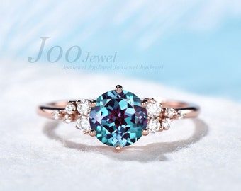 Sterling June Birthstone Ring Round Alexandrite Engagement Ring Rose Gold Wedding Ring Vintage Anniversary Ring Color Change Gemstone Ring