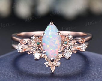 1ct Marquise Cut White Opal Leaf Flower Bridal Ring Set 10K Rose Gold Branch Engagement Ring Emerald Opal Nature Inspired Wedding Ring Women