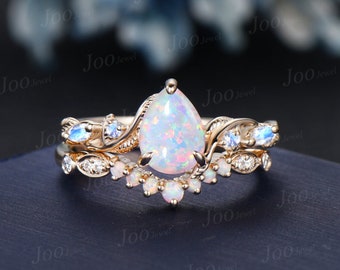 Twig Branch White Opal Ring Set 10K Gold 1.25ct Pear Fire Opal Moonstone Nature Engagement Ring Opal Wedding Band October Birthstone Gifts