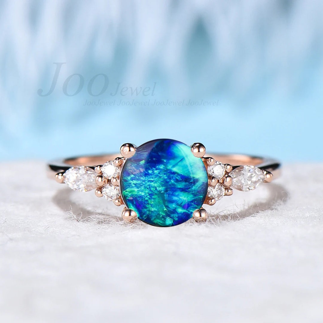 7mm Round Blue Opal Engagement Rings Vintage Sterling Silver Blue