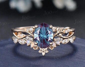 1.5CT Oval Cut Fireworks Cut Color-Change Alexandrite Knot Engagement Rings 14K Yellow Gold Branch Flower Opal Wedding Band for Women
