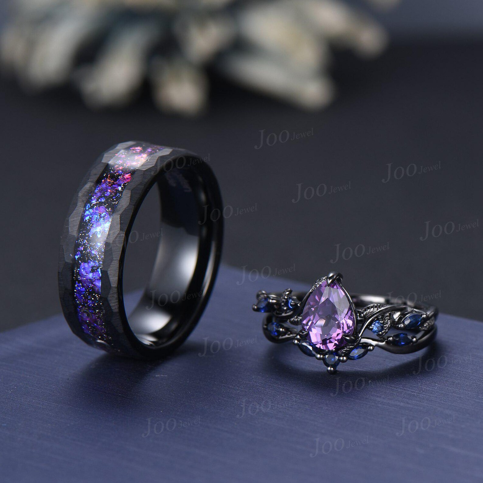 1.25ct Teardrop Cut Natural Purple Amethyst Twig Vine Couples Ring Set ...