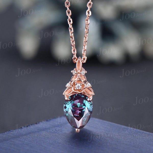 Pear Cut Color-Change Alexandrite Necklace Solid 14K Rose Gold Nature Inspired Floral Alexandrite Pendant for Women June Birthstone Gifts