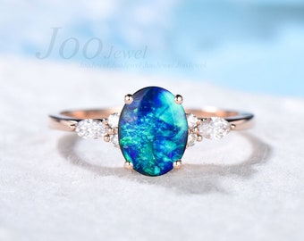 1.5ct Natural Blue Opal Engagement Ring Vintage Rose Gold Wedding Ring Unique Anniversary Gift Galaxy Blue Fire Opal Moissanite Promise Ring