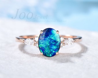 Natural Blue Opal Engagement Ring Vintage Rose Gold Wedding