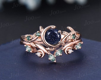 5mm Rundschliff Galaxy Blau Sandstein Mond Verlobungsring Set Vintage Smaragd Moos Achat Natur Braut Ring Blatt Zweig Bypass Ehering