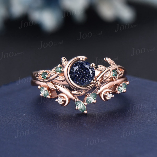 5mm Round Cut Galaxy Blue Sandstone Moon Engagement Ring Set Vintage Emerald Moss Agate Nature Bridal Ring Leaf Branch Bypass Wedding Ring