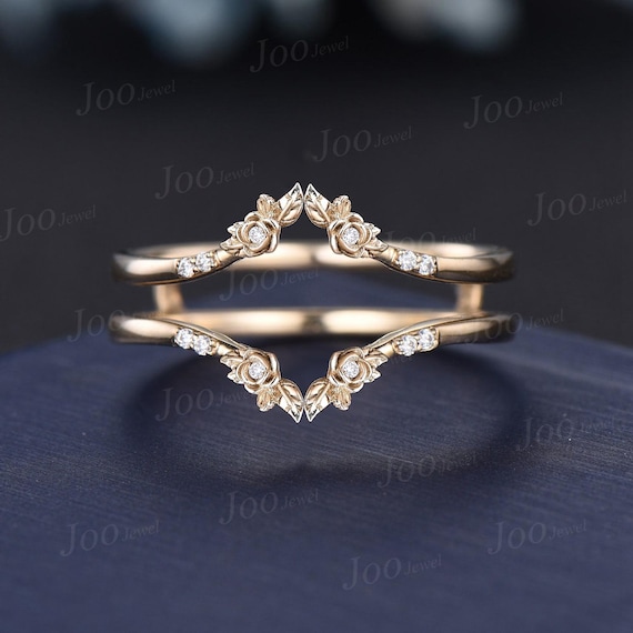 Double Curved Wedding Band 10K Solid Gold leaf Flower Enhancer Wedding Ring Guard for Women Unique Stackable Chevron Band Anniversary Gifts
