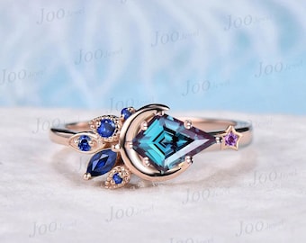 Kite Cut Color-Change Alexandrite Engagement Ring Moon Wedding Ring Cluster Blue Sapphire Amethyst Ring Unique Personalized Promise Rings