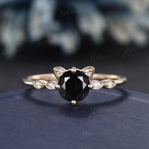 Cat Engagement Ring Vintage 1ct Natural Black Onyx Promise Ring Round Black Wedding Ring Peekaboo Kitten Black Gemstone Gifts for Cat Lover