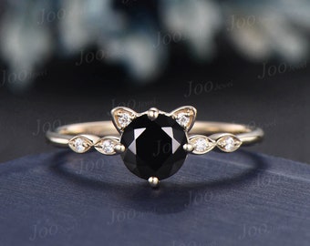 Cat Engagement Ring Vintage 1ct Natural Black Onyx Promise Ring Round Black Wedding Ring Peekaboo Kitten Black Gemstone Gifts for Cat Lover