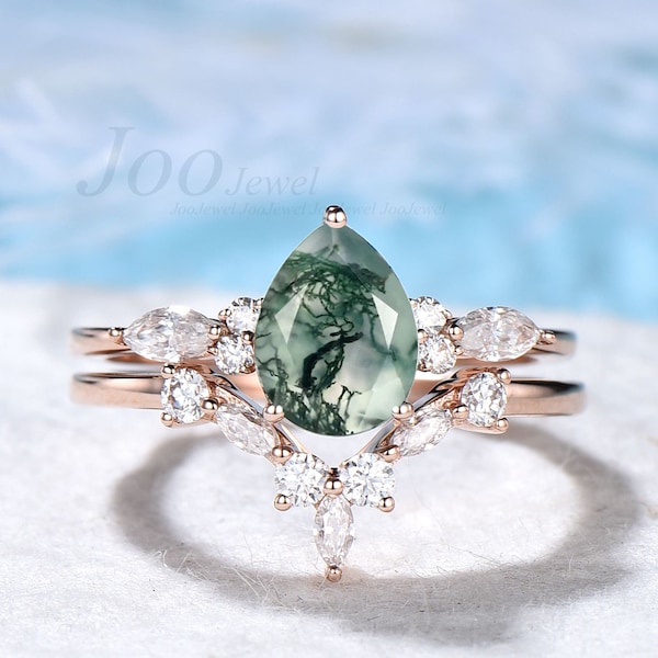 Pear Moss Agate Engagement Ring Set Sterling Silver Wedding Band Ring For Women Green Ring Vintage Unique Rose Gold Bridal Wedding Ring Set