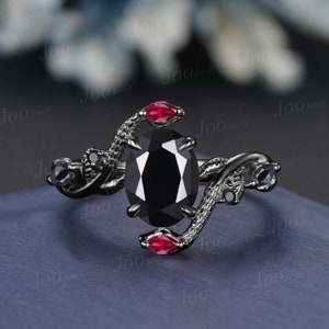Unique Gothic Natural Black Onyx Garnet Snake Engagement Ring Vintage 14K Rose/Black Gold Nature Inspired Leaf Oval Wedding Ring for Women