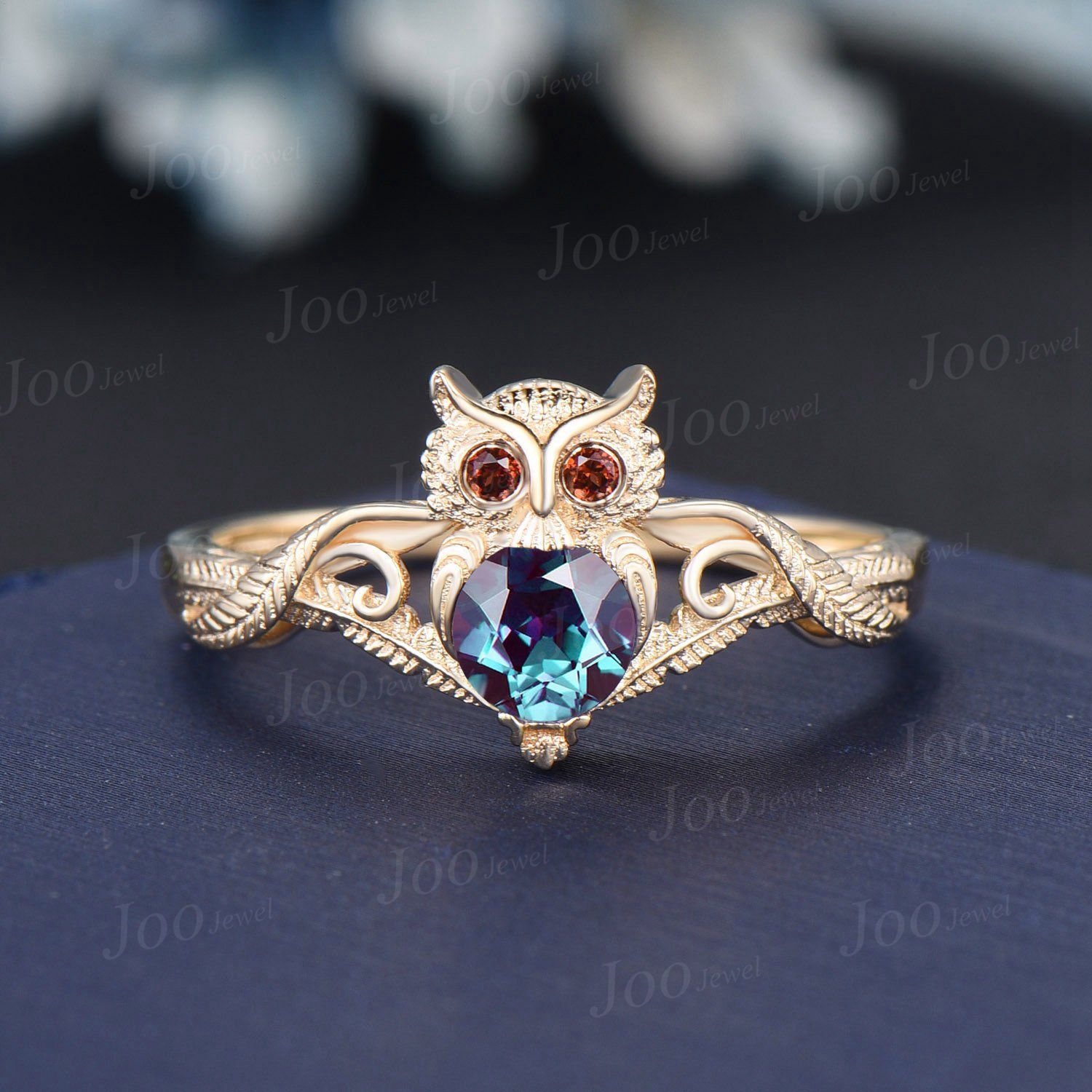 Unique Branch Twig Vine Owl Engagement Ring Round Color-Change Alexandrite Garnet Wedding Ring Natur