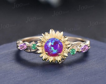 Purple Opal Sunflower Inspired Wedding Ring Nature Inspired Emerald & Amethyst Leaf Floral Promise Ring Flower Wedding Ring Birthday Gifts