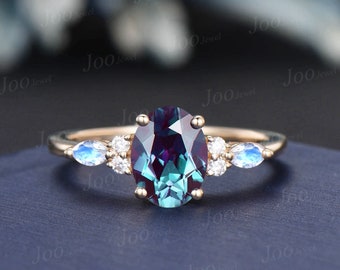 1.5ct Oval Alexandrite Ring Moonstone Cluster Engagement Ring Rose Gold June Birthstone Color Change Stone Unique Wedding Anniversary Gift