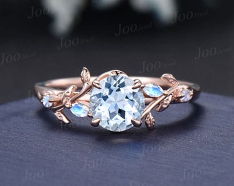 1ct Natural Light Blue Aquamarine Moonstone Ring Vintage Rose Gold Round Nature Inspired Aquamarine Engagement Ring March Birthstone Gifts