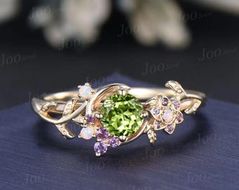 5mm Round Cut Genuine Peridot Moon Leaf Engagement Ring 14K Yellow Gold Opal Amethyst Cluster Celestial Inspired Peridot Promise Ring Women