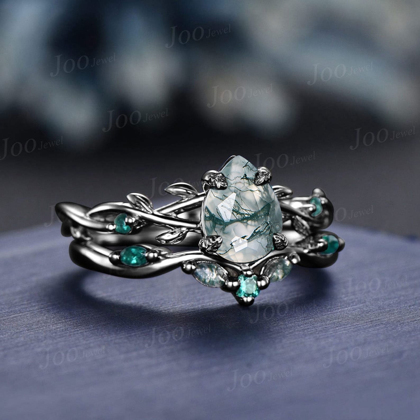 14K Black Gold Natural Green Moss Agate Emerald Engagement