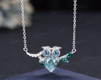 Unique Cute Owl Pendant Sterling Silver Pear Cut Genuine Green Moss Agate Alexandrite Curved Gemstone Necklace Birthday Gift Amulet Jewelry