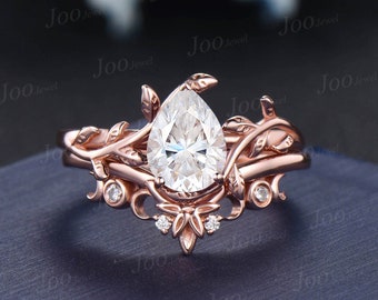 1.25ct Pear Diamond Engagement Ring Set 10K Rose Gold Moissanite Wedding Band Tree Inspired Lab Grown Diamond Bridal Sets Anniversary Gifts