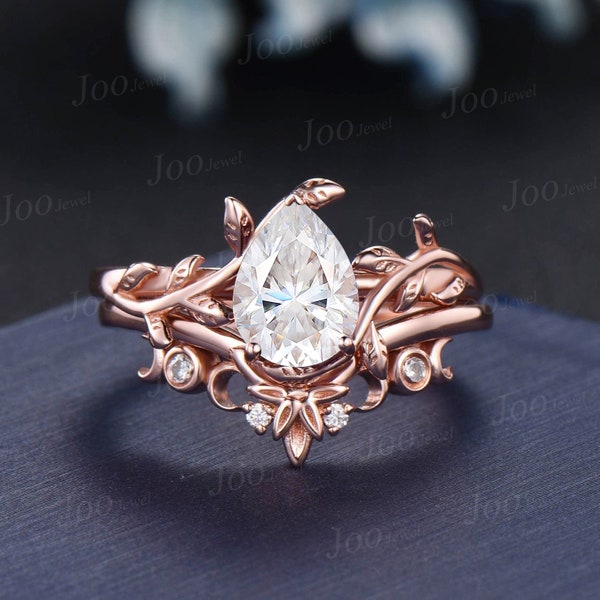 1.25ct Pear Diamond Engagement Ring Set 10K Rose Gold Moissanite Wedding Band Tree Inspired Lab Grown Diamond Bridal Sets Anniversary Gifts