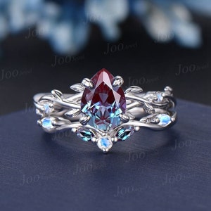 1.25ct Nature Inspired Color-Change Alexandrite Moonstone Bridal Set Twig Vine Teardrop Alexandrite Ring Set June Birthstone Wedding Gifts