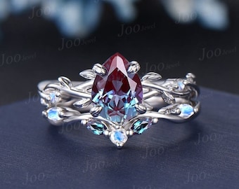 1.25ct Nature Inspired Color-Change Alexandrite Moonstone Bridal Set Twig Vine Teardrop Alexandrite Ring Set June Birthstone Wedding Gifts