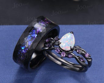 Galaxy Couples Ring Set-His and Hers Wedding Band- Black Gold White Opal Amethyst Wedding Ring/ No-fading Black Tungsten Matching Ring Men