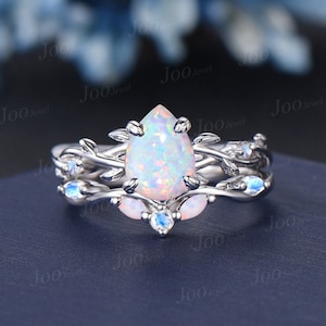 1.25ct Nature Inspired Pear Shaped White Opal Moonstone Bridal Set Unique 14k White Gold Twig Vine Teardrop Fire Opal Wedding Proposal Ring