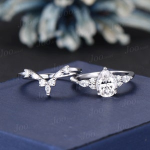 Pear Lab Grown Diamond Engagement Ring Set With IGI Certificate Vintage Diamond Ring Set Marquise Moissanite Ring Unique Diamond Bridal Set image 9