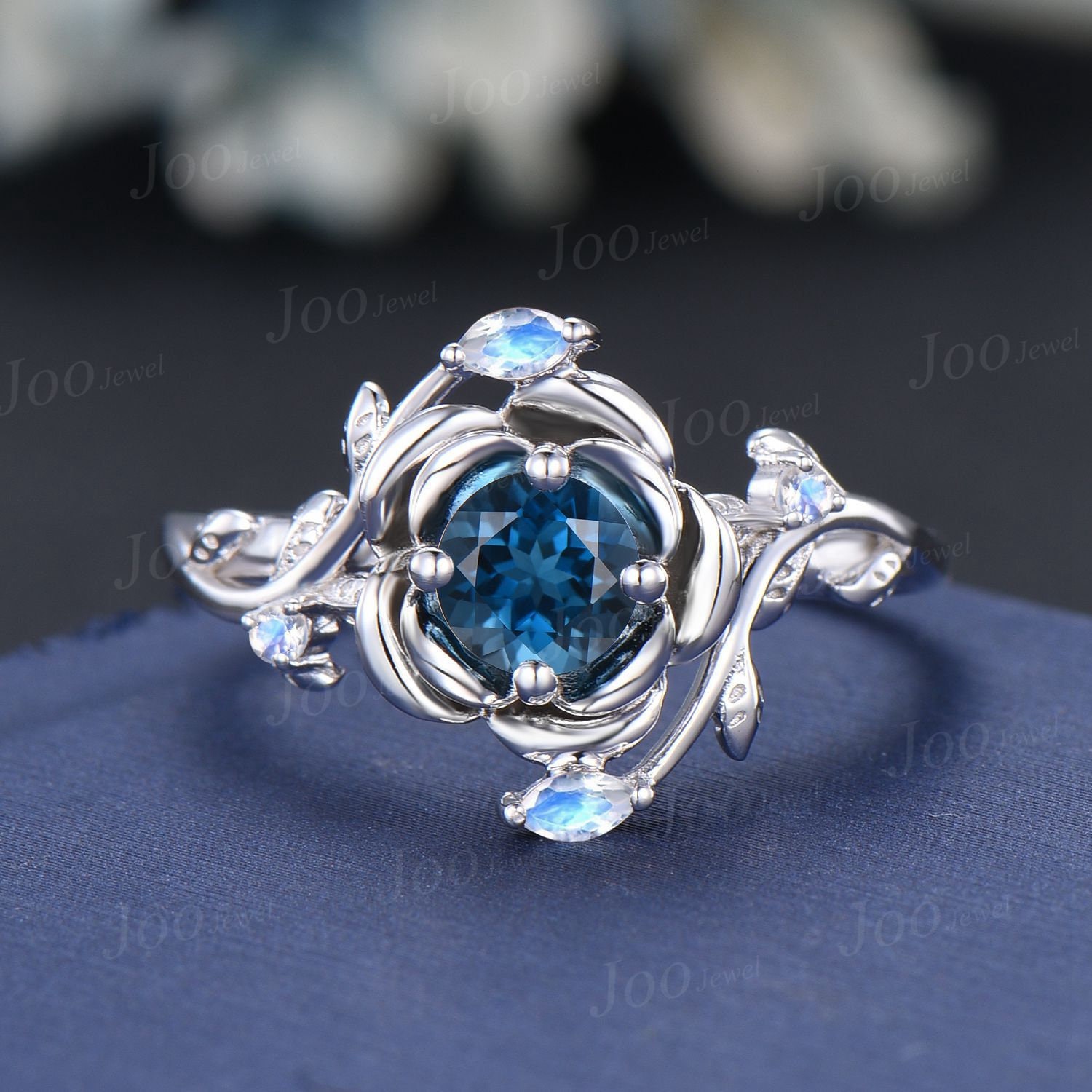 Vintage Floral Leaf Engagement Rings 10K White Gold Natural London Blue ...