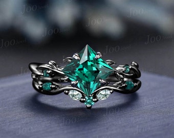 Black Gold Green Emerald Engagement Ring Set 1.25ct Twig Vine Pear