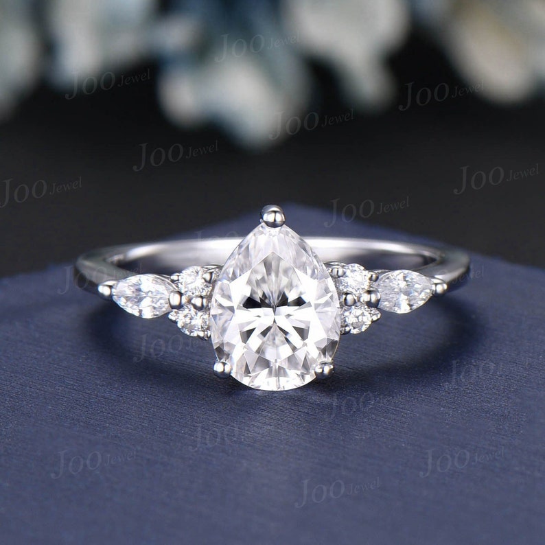 Pear Lab Grown Diamond Engagement Ring Set With IGI Certificate Vintage Diamond Ring Set Marquise Moissanite Ring Unique Diamond Bridal Set image 8